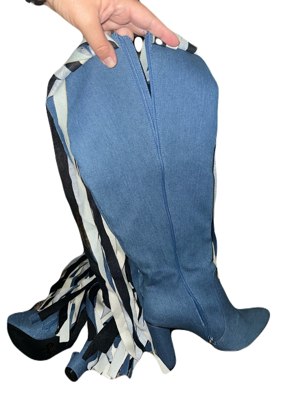 Cape Robbin Denim Blue Fringe Knee-High Heeled Boots - Picture 3 of 3